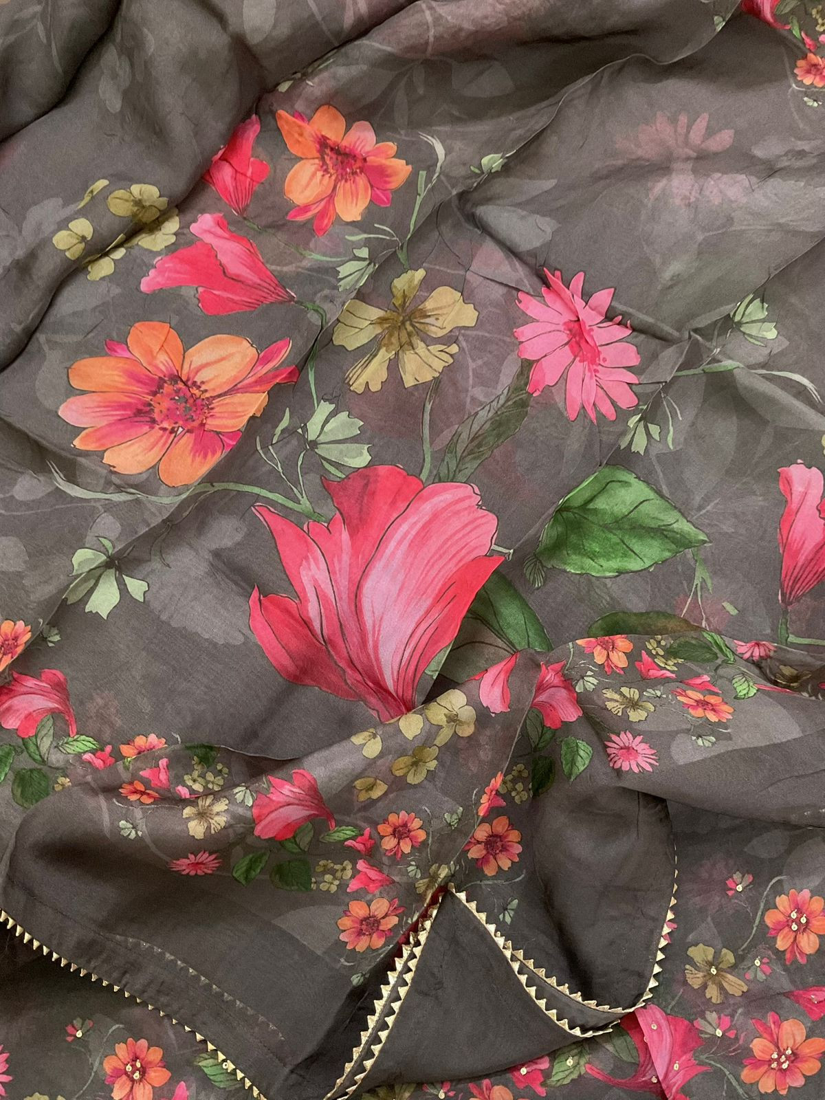 Pure Organza Printed Embroidered Suit - Brown