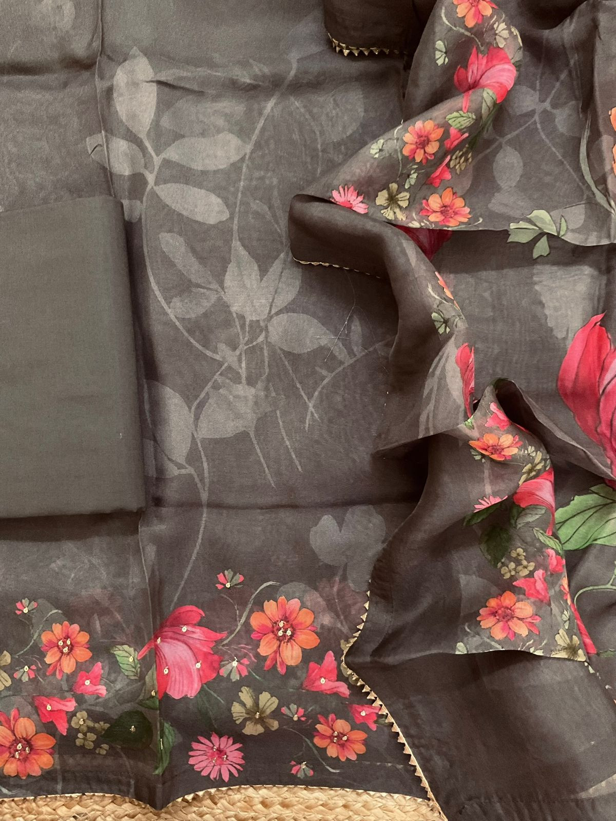 Pure Organza Printed Embroidered Suit - Brown