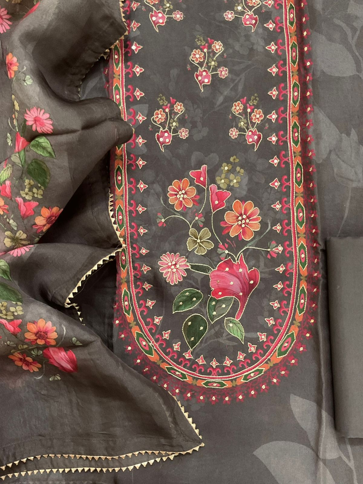 Pure Organza Printed Embroidered Suit - Brown