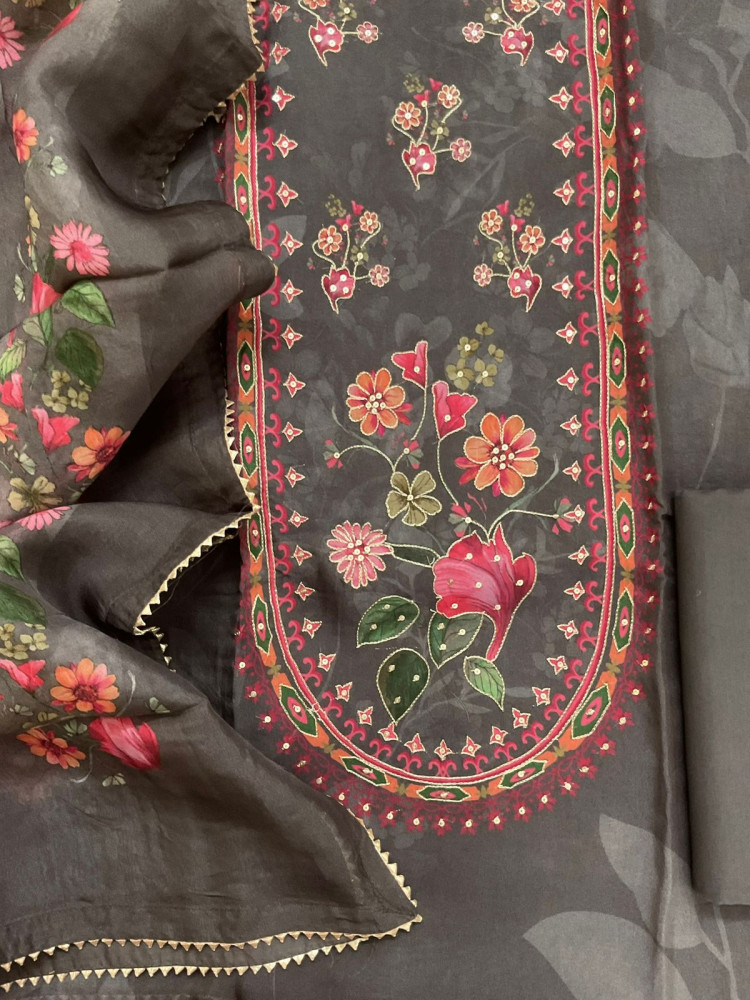 Image of Pure Organza Printed Embroidered Suit - Brown