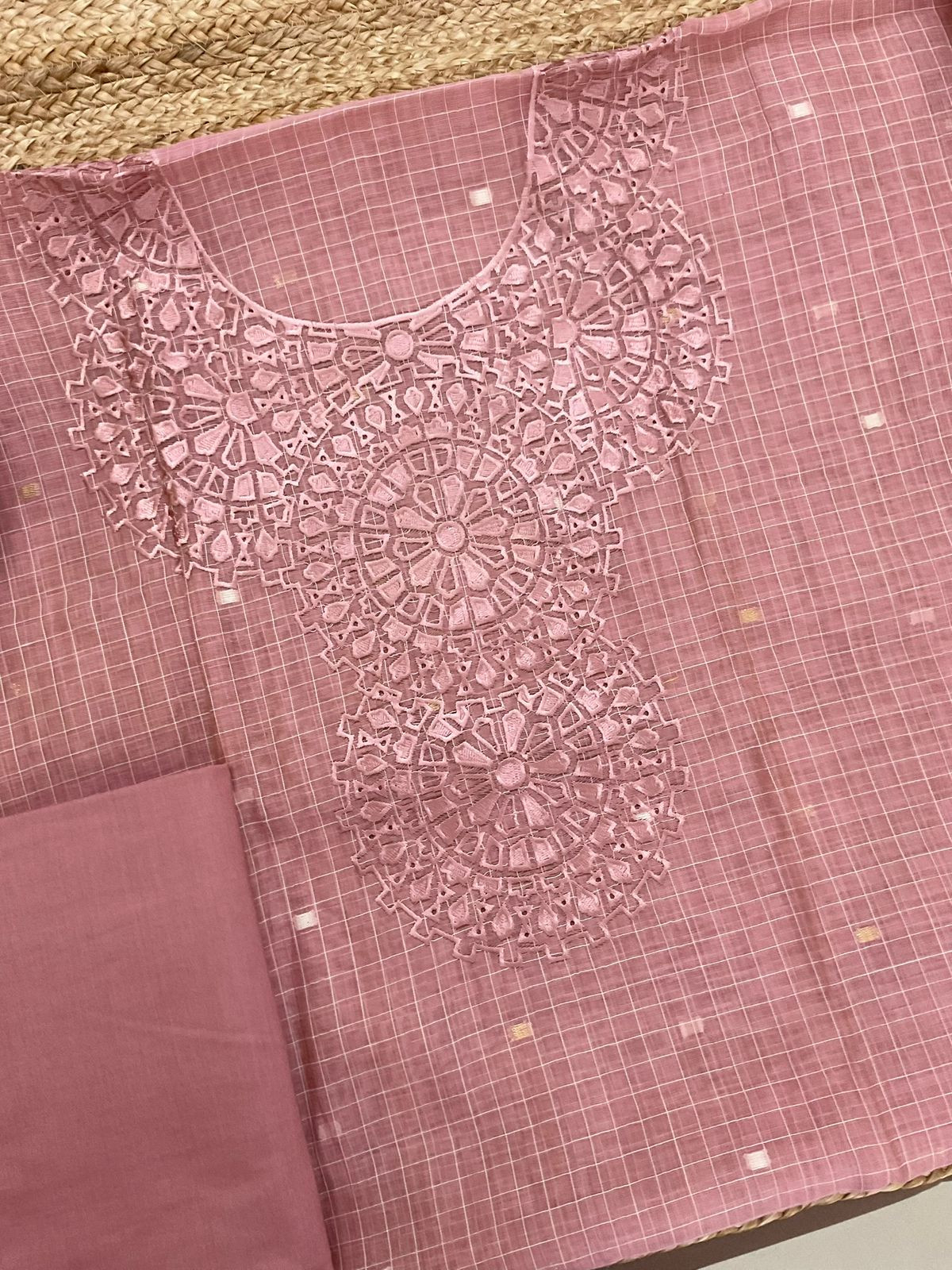 Pure Chanderi Self Weaved Embroidered Suit - Pink