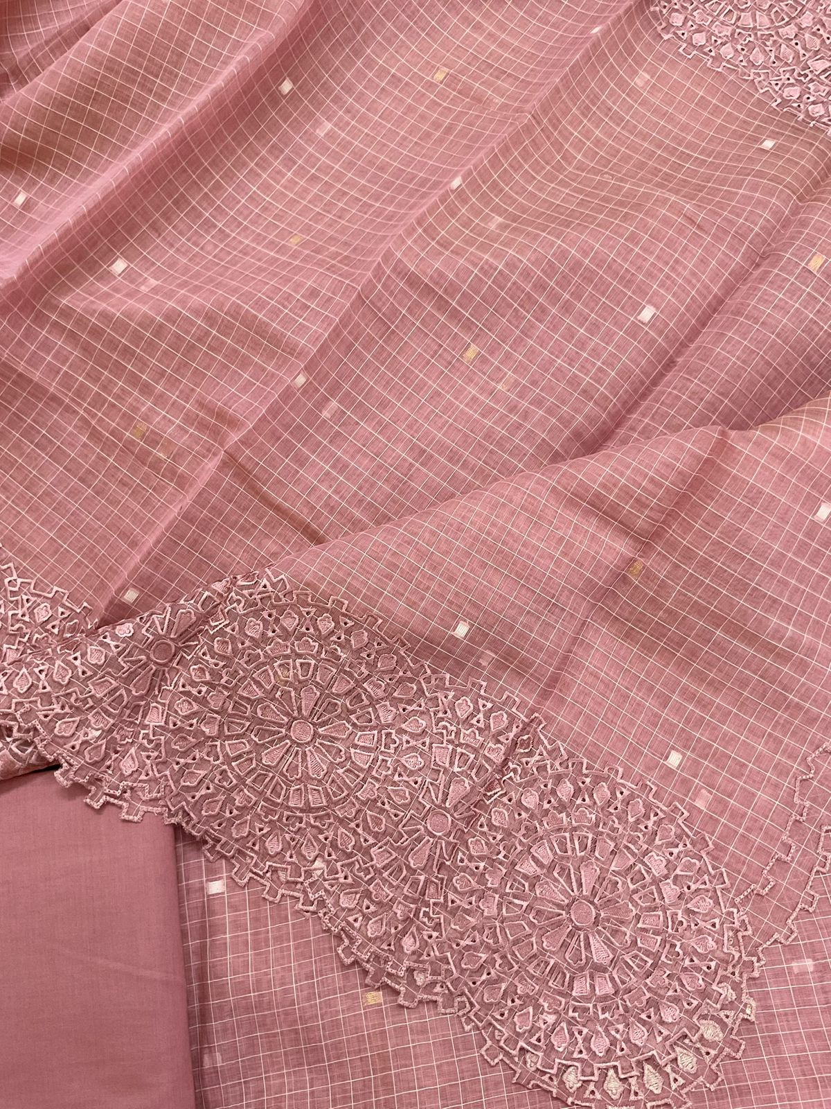 Pure Chanderi Self Weaved Embroidered Suit - Pink