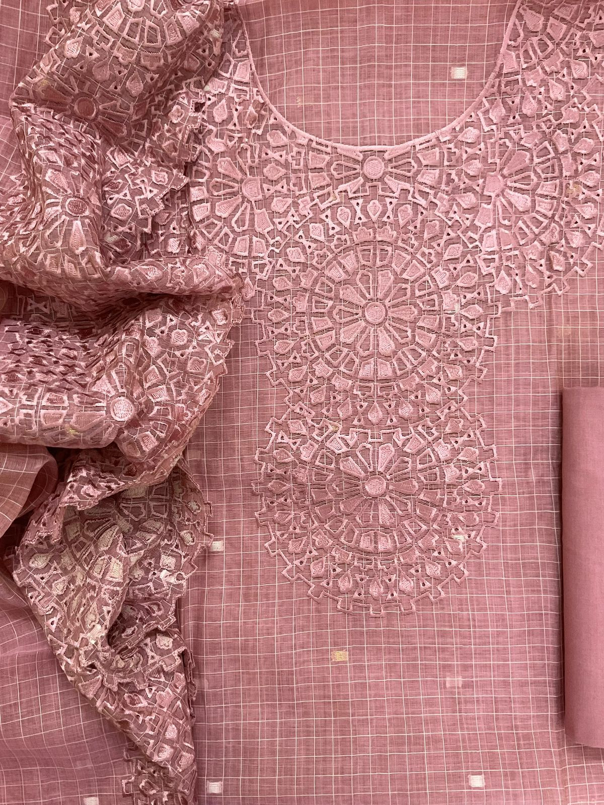 Pure Chanderi Self Weaved Embroidered Suit - Pink