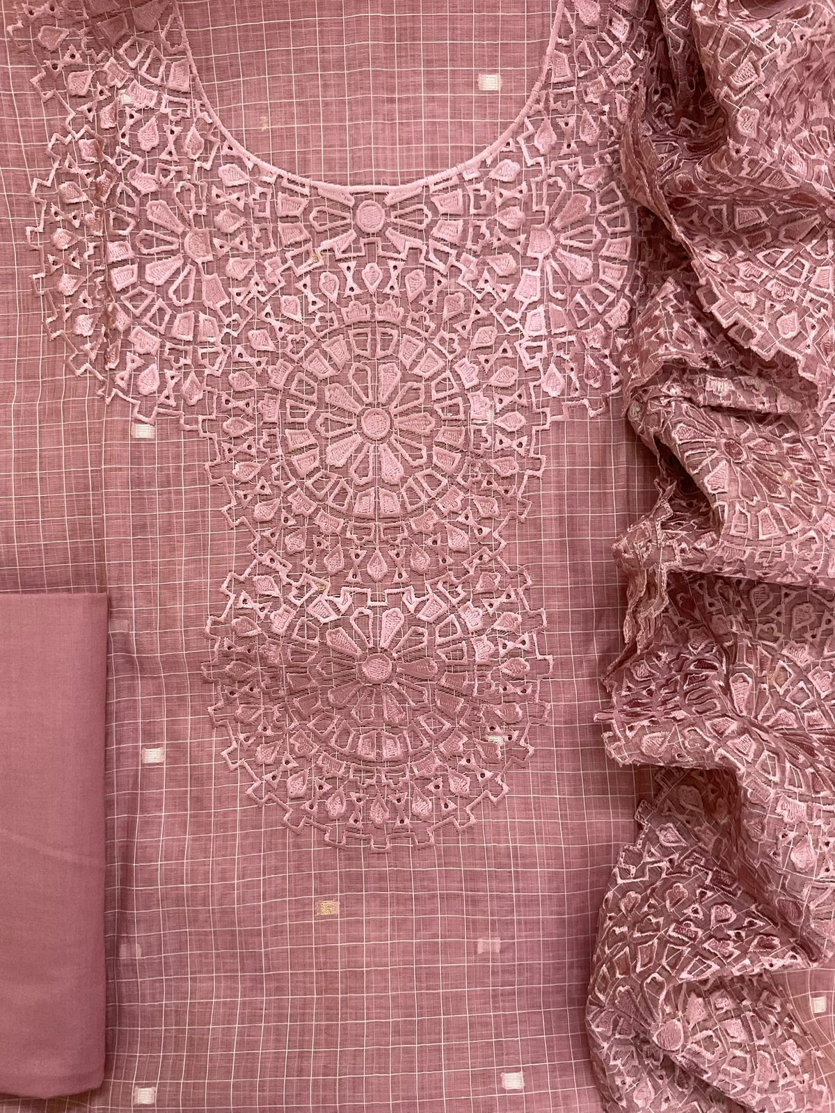 Pure Chanderi Self Weaved Embroidered Suit - Pink