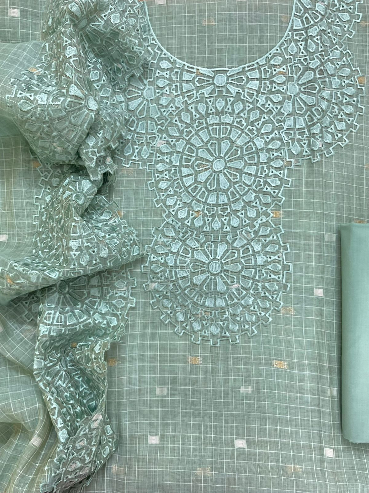 Pure Chanderi Self Weaved Embroidered Suit - Blue