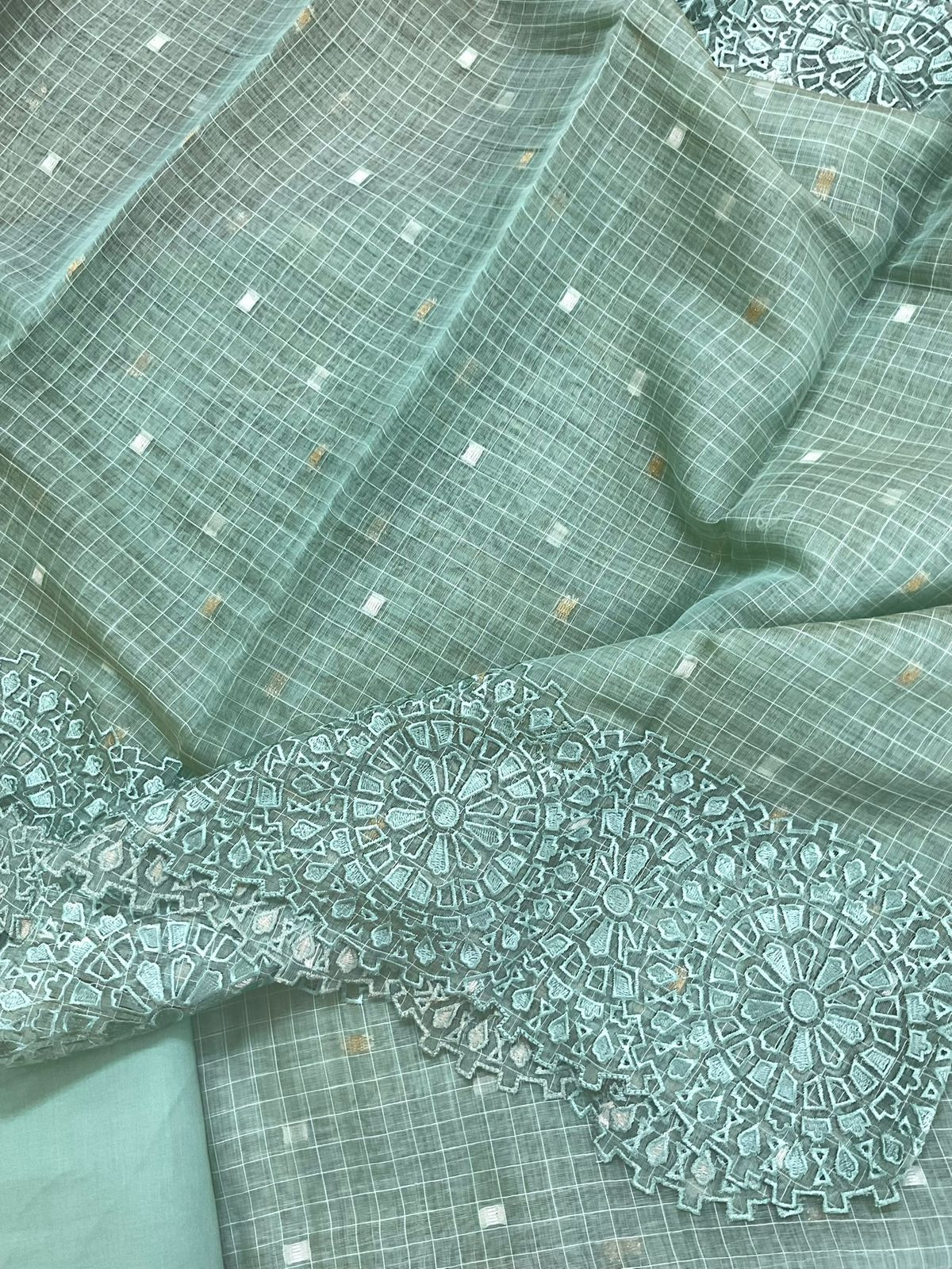 Pure Chanderi Self Weaved Embroidered Suit - Blue