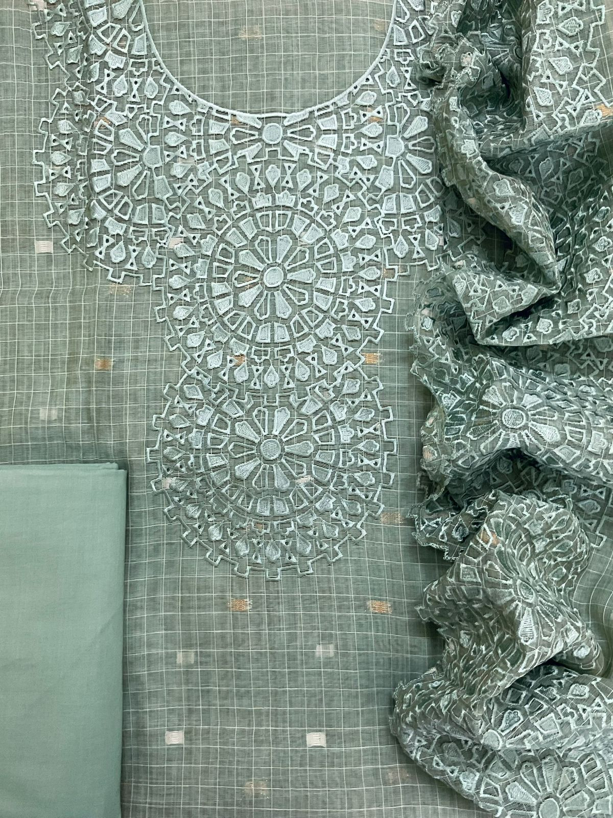 Pure Chanderi Self Weaved Embroidered Suit - Blue