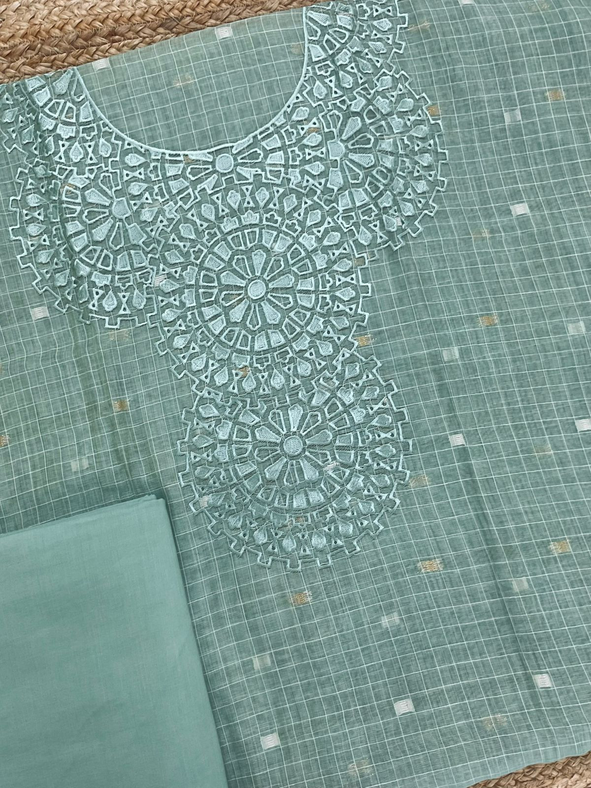 Pure Chanderi Self Weaved Embroidered Suit - Blue