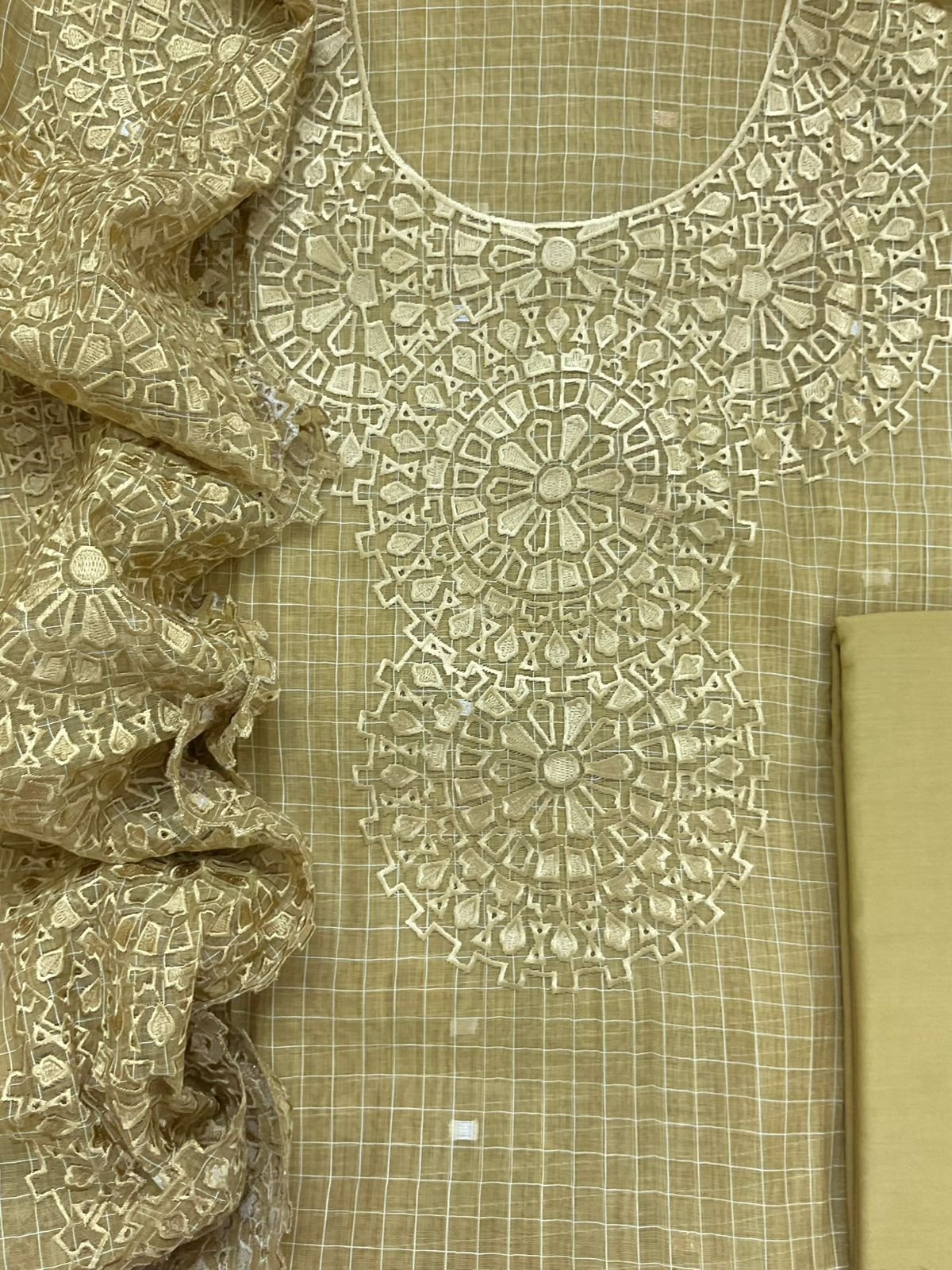 Pure Chanderi Self Weaved Embroidered Suit - Yellow