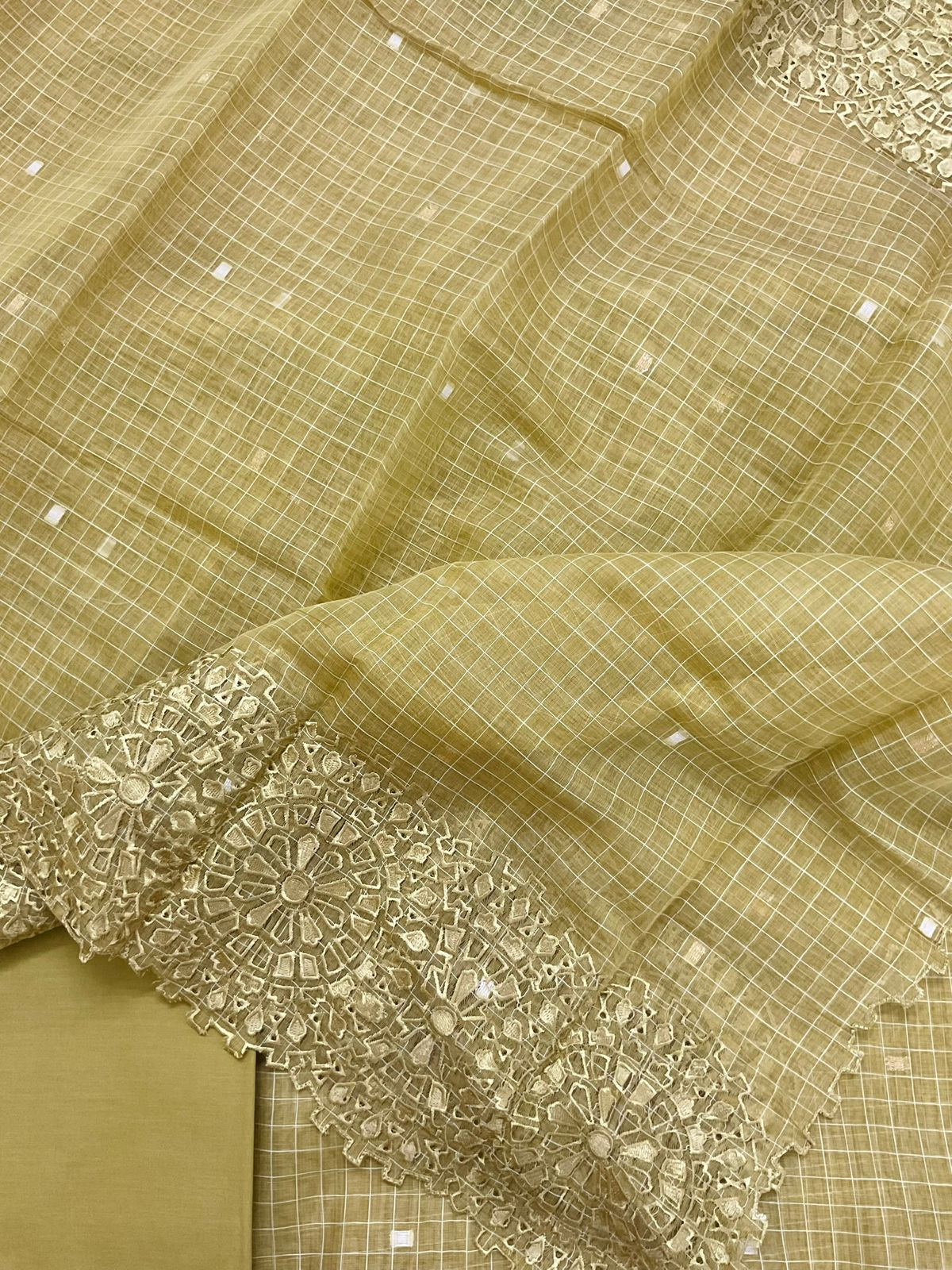 Pure Chanderi Self Weaved Embroidered Suit - Yellow