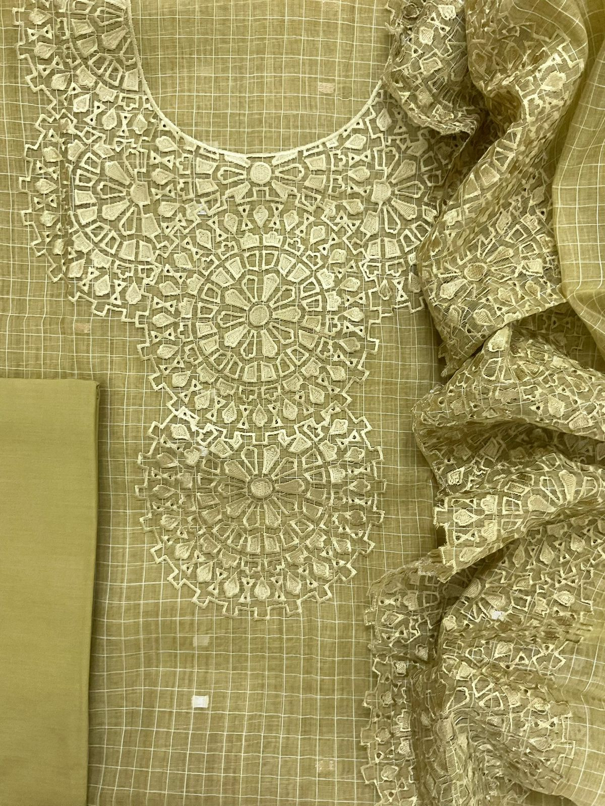 Pure Chanderi Self Weaved Embroidered Suit - Yellow