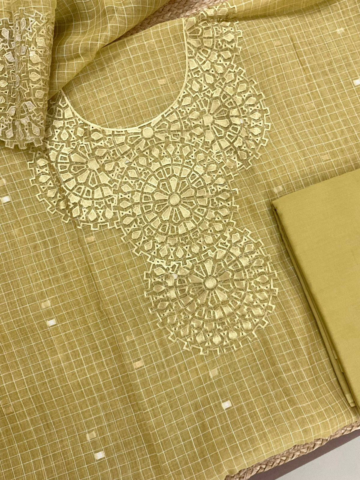 Pure Chanderi Self Weaved Embroidered Suit - Yellow