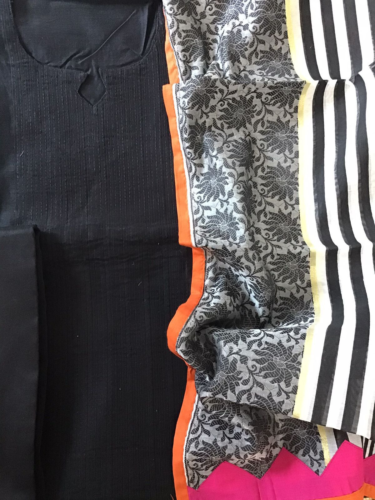 Pure Cotton Silk Printed Embroidered Suit - Black