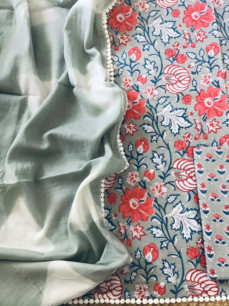 Image of Pure Cotton Printed Suit - Grey