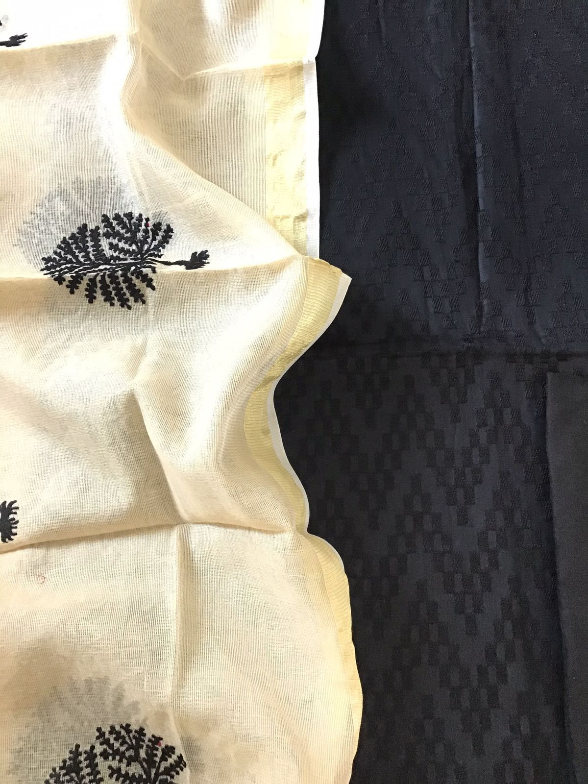 Pure Cotton Silk Embroidered Suit - Black