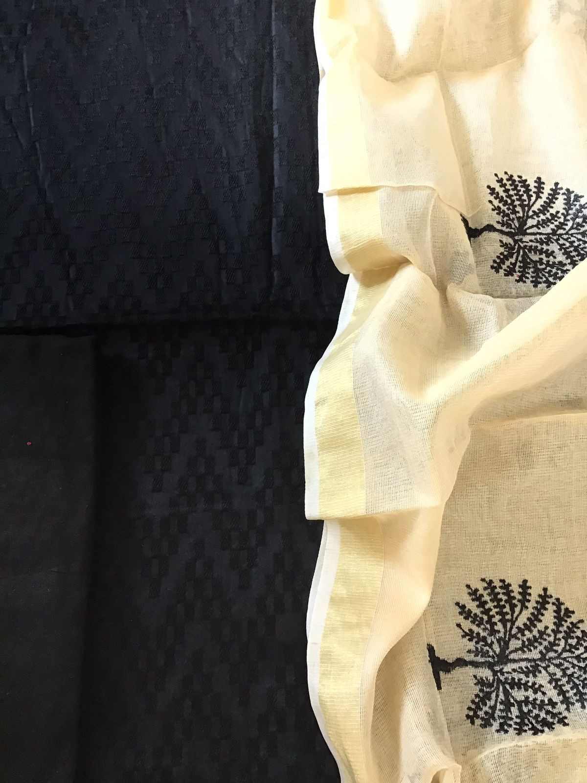 Pure Cotton Silk Embroidered Suit - Black