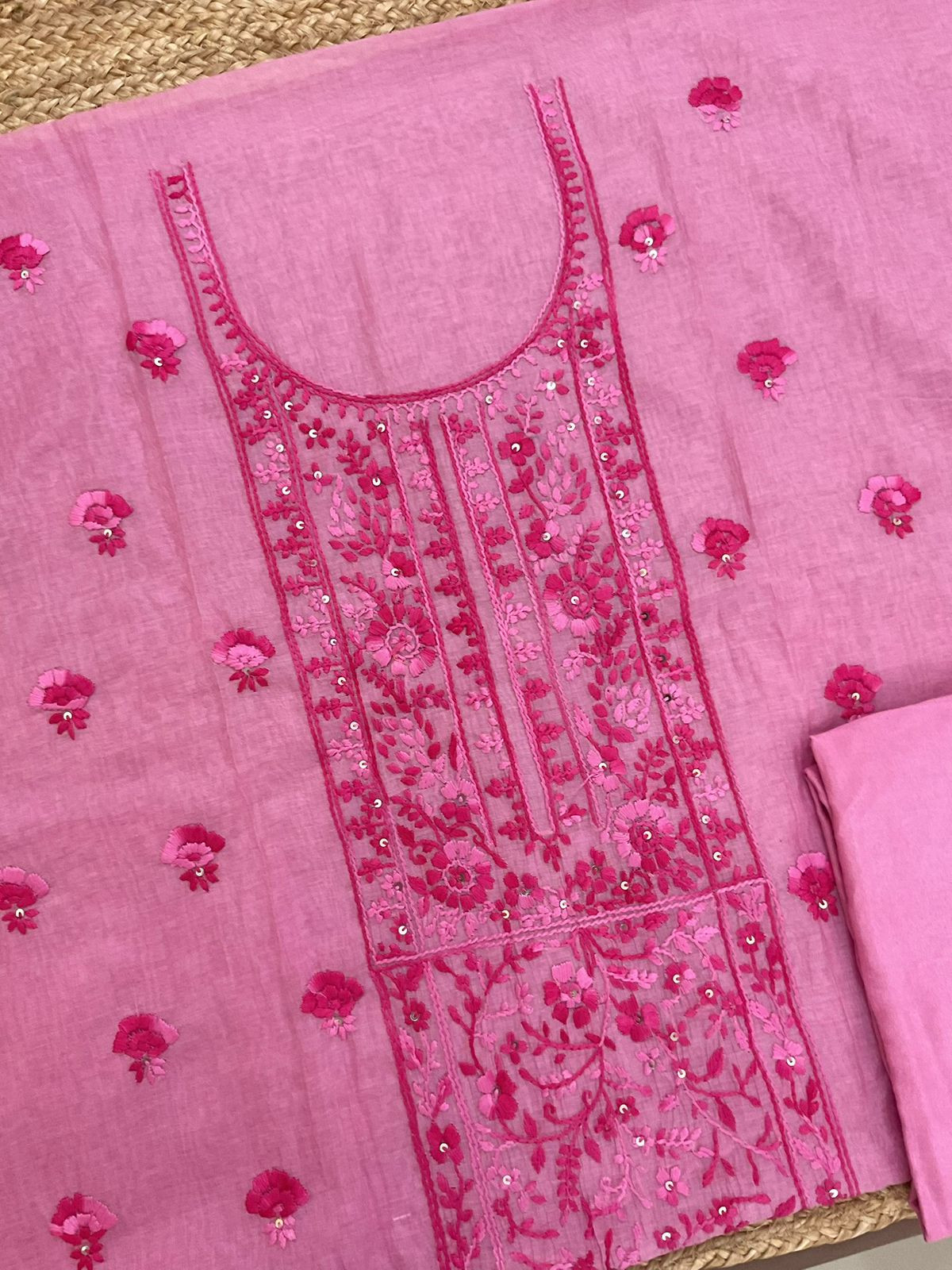 Pure Mul Chanderi Shaded Embroidered Suit - Pink