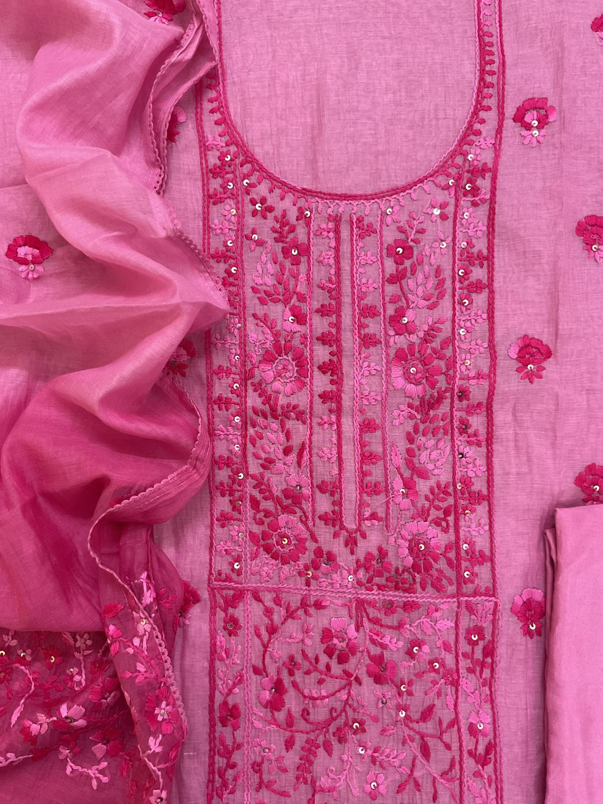 Pure Mul Chanderi Shaded Embroidered Suit - Pink