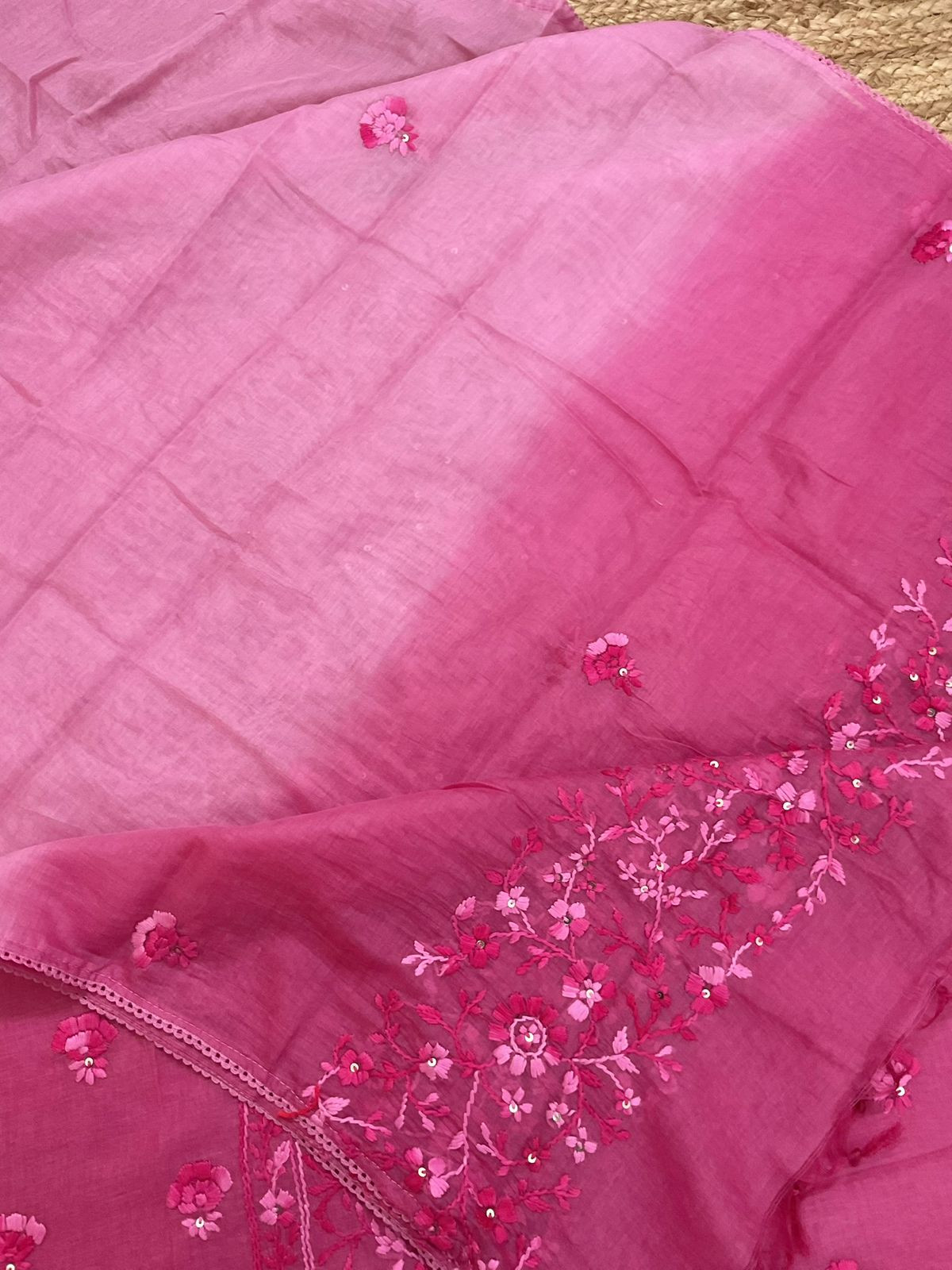 Pure Mul Chanderi Shaded Embroidered Suit - Pink