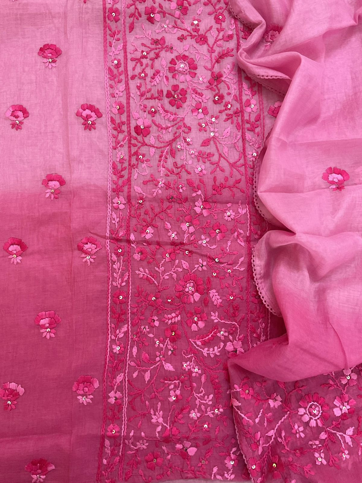 Pure Mul Chanderi Shaded Embroidered Suit - Pink