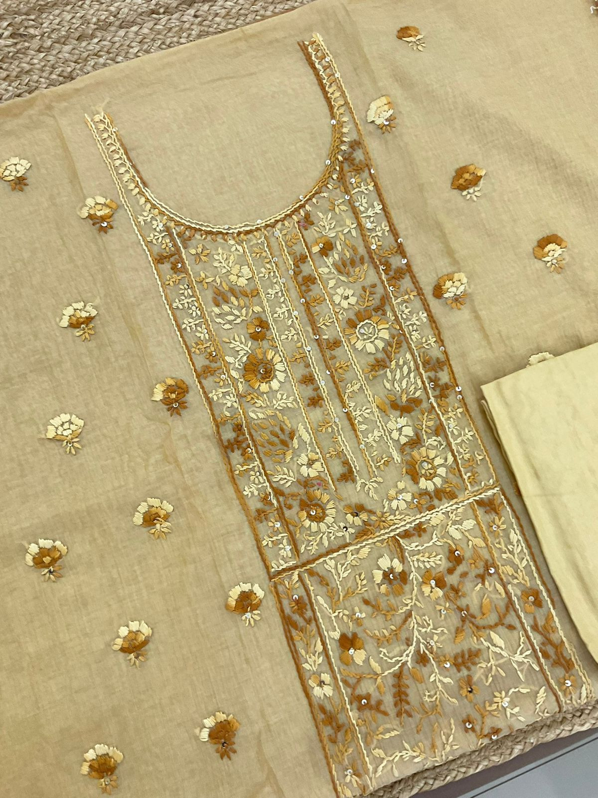 Pure Mul Chanderi Shaded Embroidered Suit - Mustard