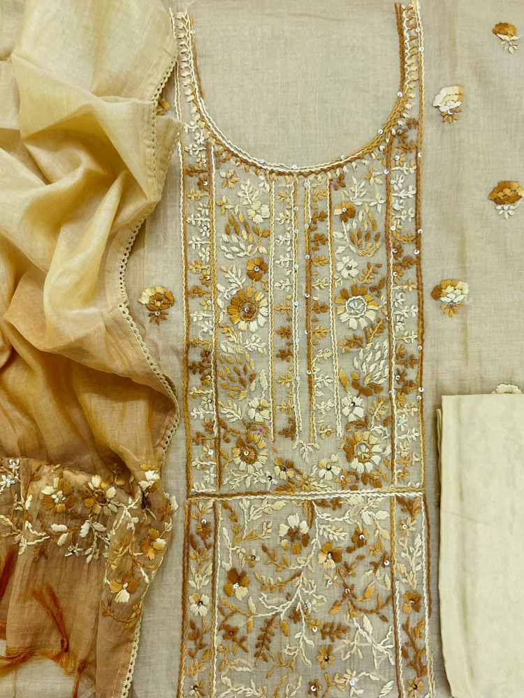 Image of Pure Mul Chanderi Shaded Embroidered Suit - Mustard