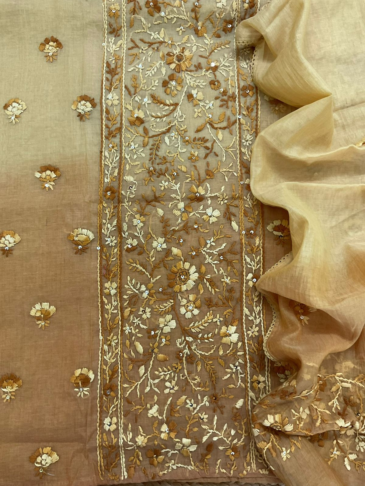 Pure Mul Chanderi Shaded Embroidered Suit - Mustard