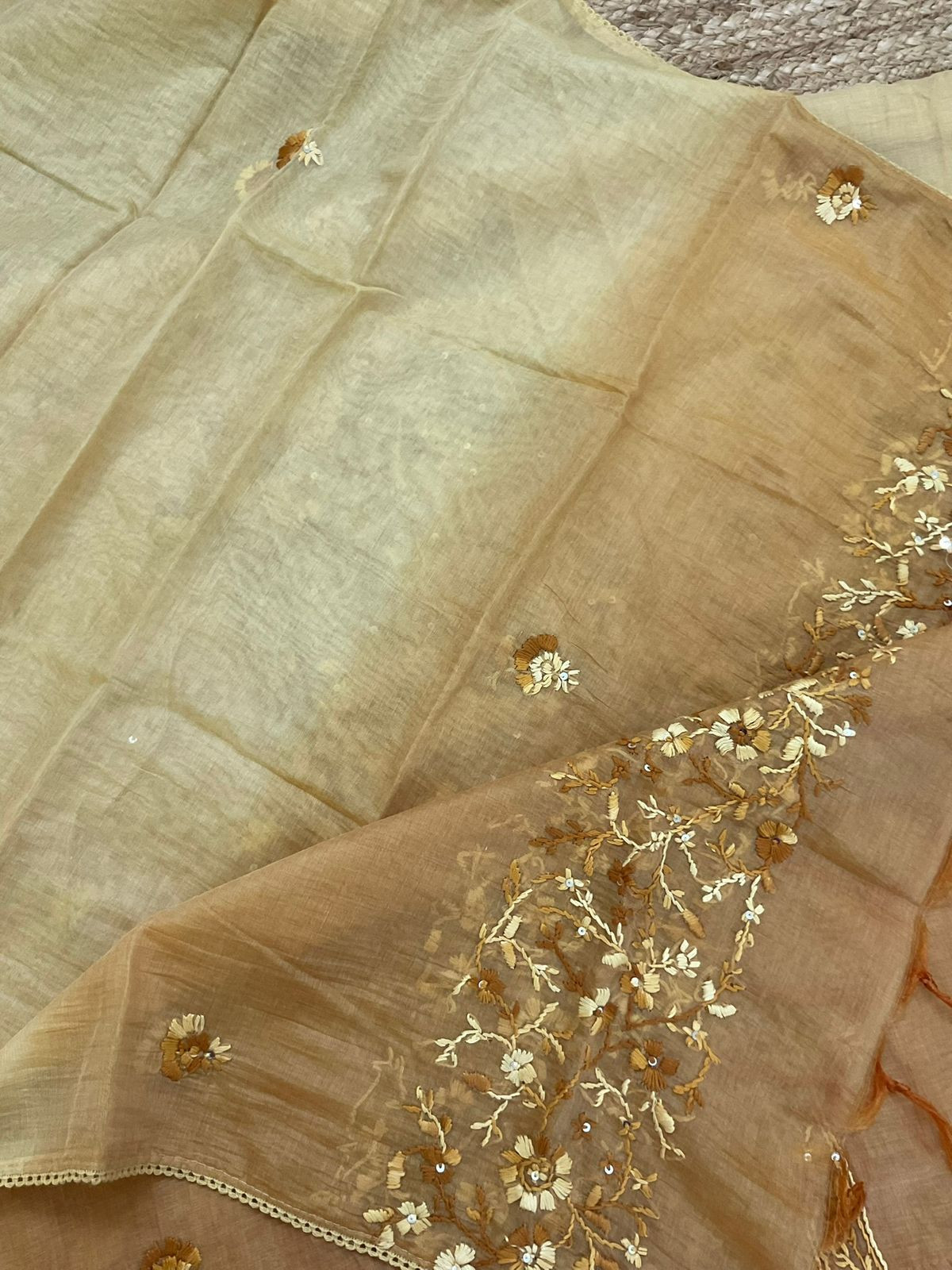 Pure Mul Chanderi Shaded Embroidered Suit - Mustard