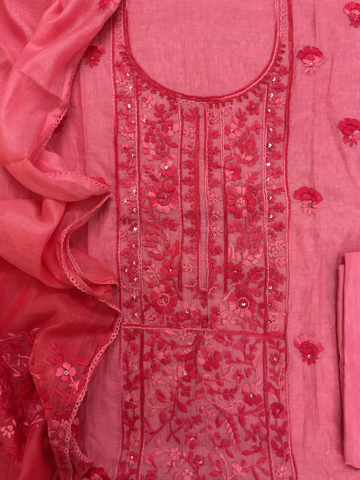 Pure Mul Chanderi Shaded Embroidered Suit - Peach