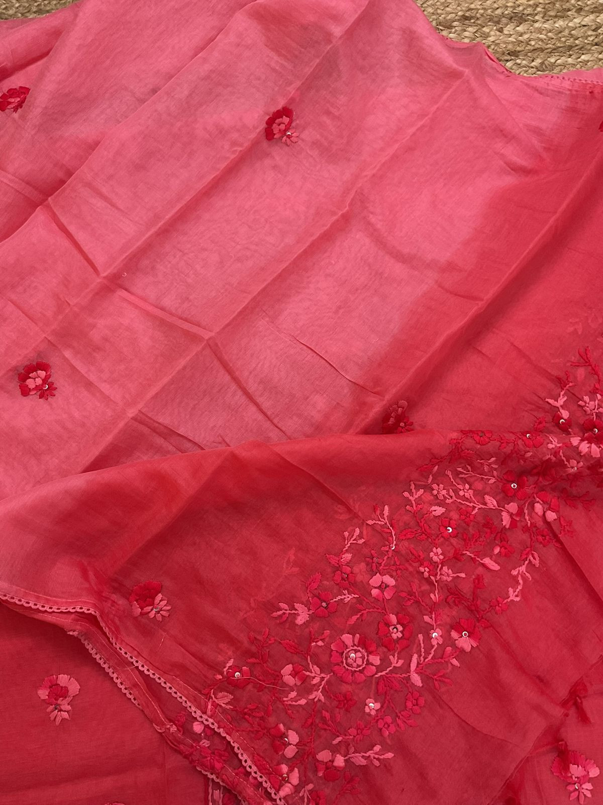 Pure Mul Chanderi Shaded Embroidered Suit - Peach