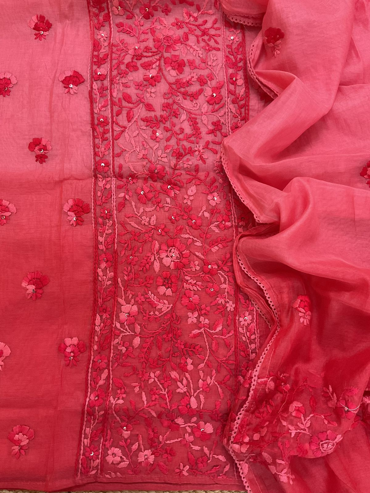 Pure Mul Chanderi Shaded Embroidered Suit - Peach