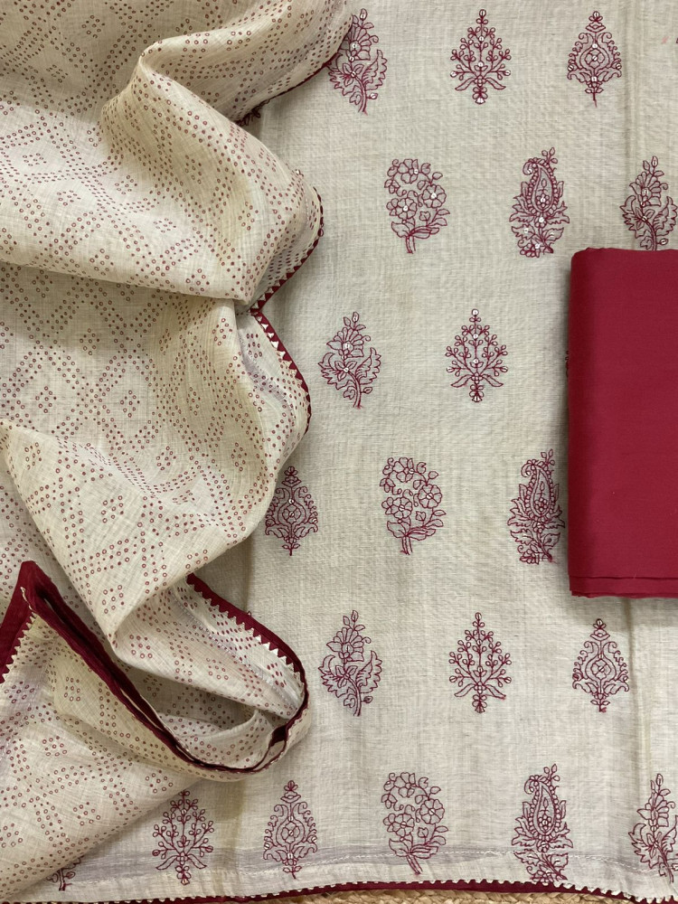 Image of Pure Slub Chanderi Printed Embroidered Suit - Beige