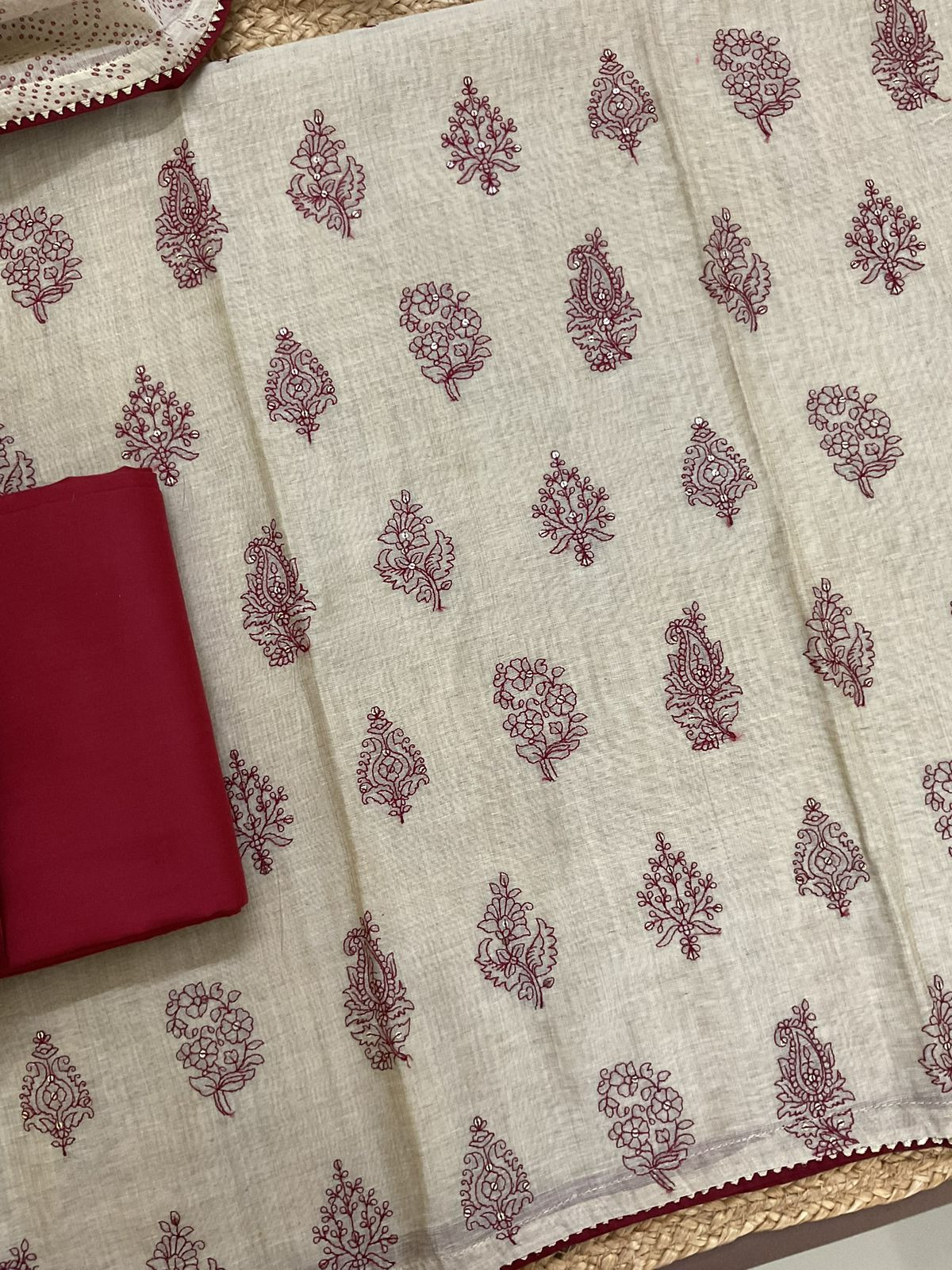 Pure Slub Chanderi Printed Embroidered Suit - Beige