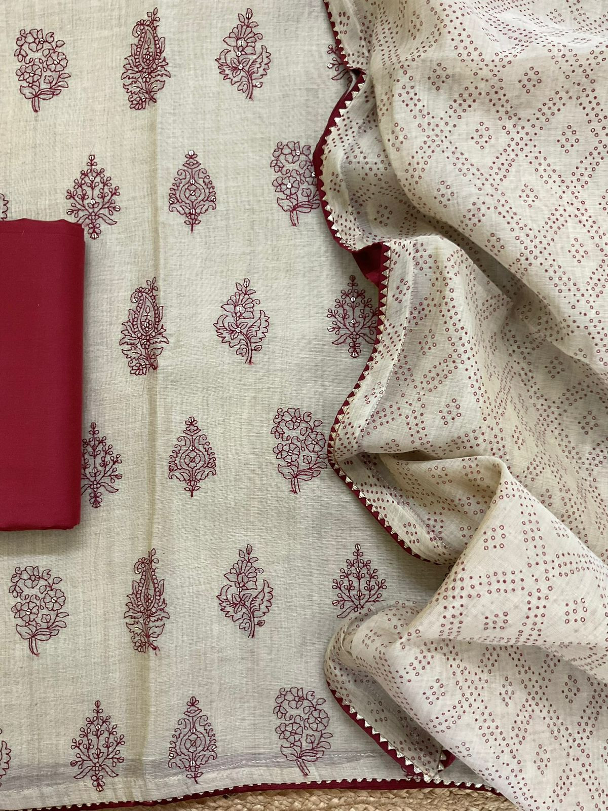 Pure Slub Chanderi Printed Embroidered Suit - Beige