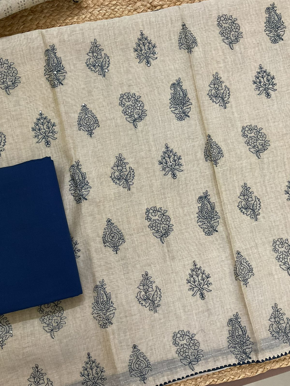 Pure Slub Chanderi Printed Embroidered Suit - Beige