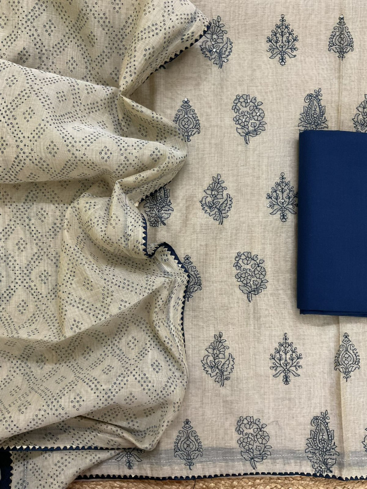 Image of Pure Slub Chanderi Printed Embroidered Suit - Beige