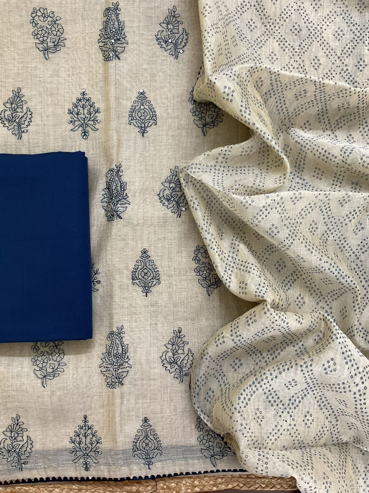 Pure Slub Chanderi Printed Embroidered Suit - Beige