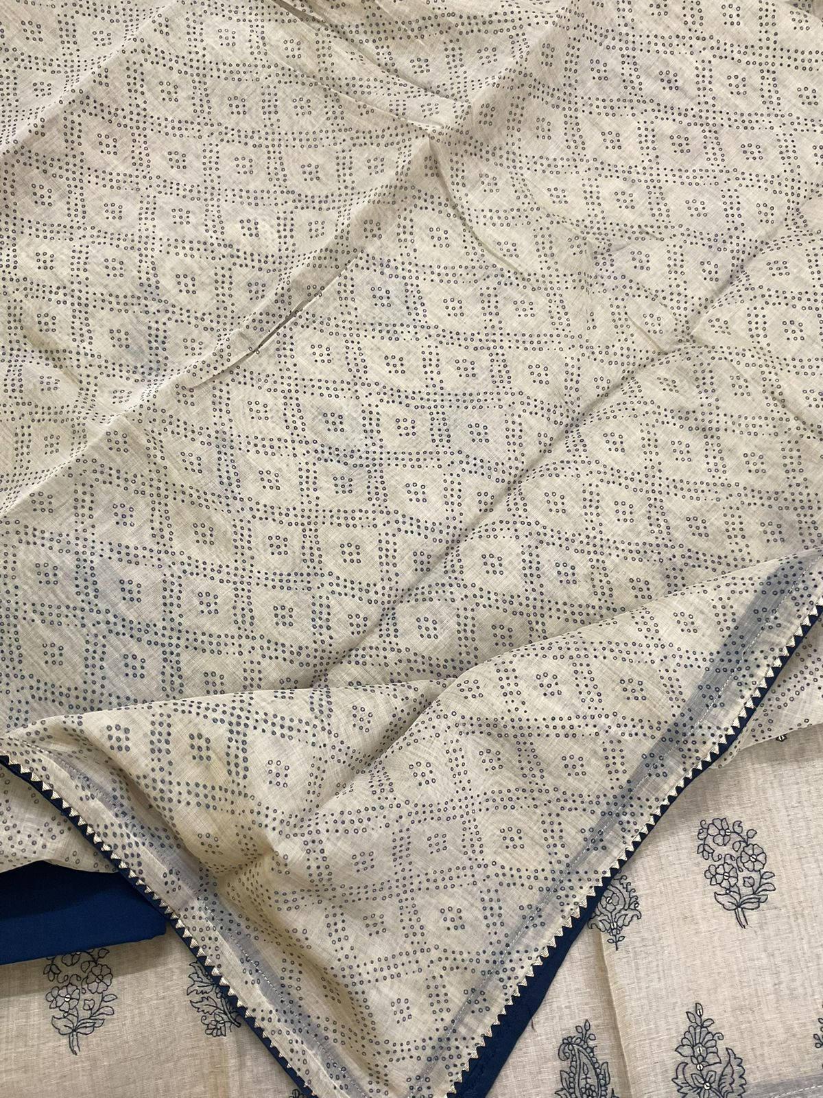 Pure Slub Chanderi Printed Embroidered Suit - Beige
