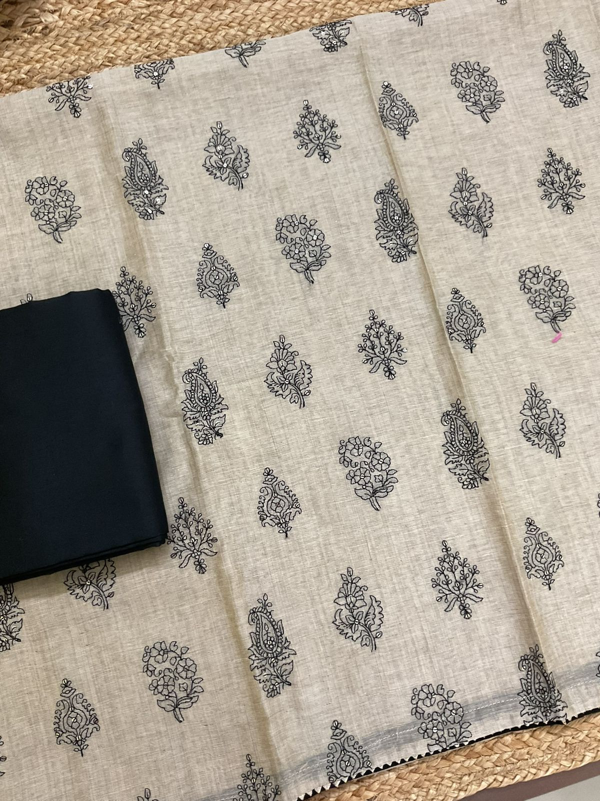 Pure Slub Chanderi Printed Embroidered Suit - Beige