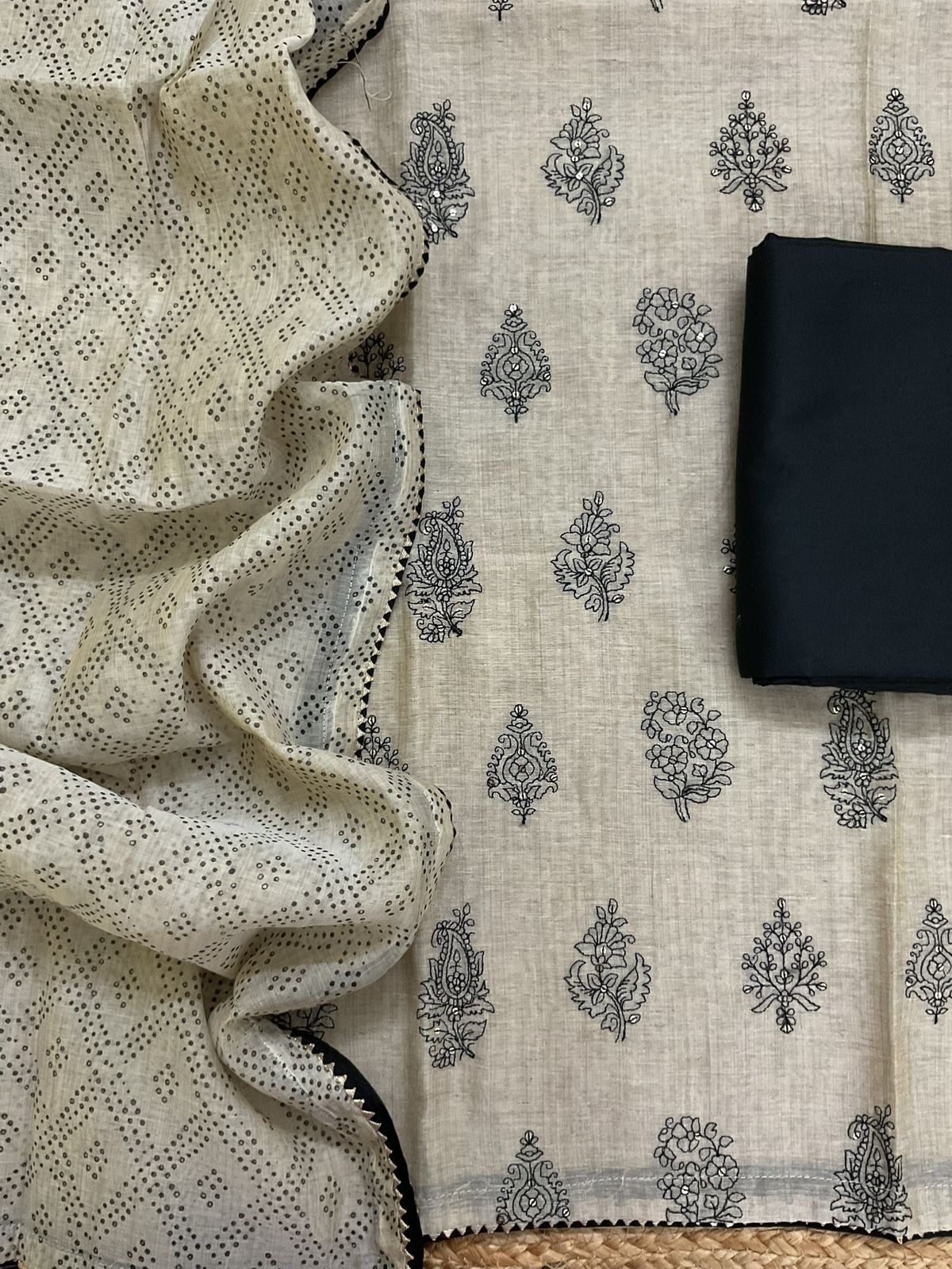 Pure Slub Chanderi Printed Embroidered Suit - Beige
