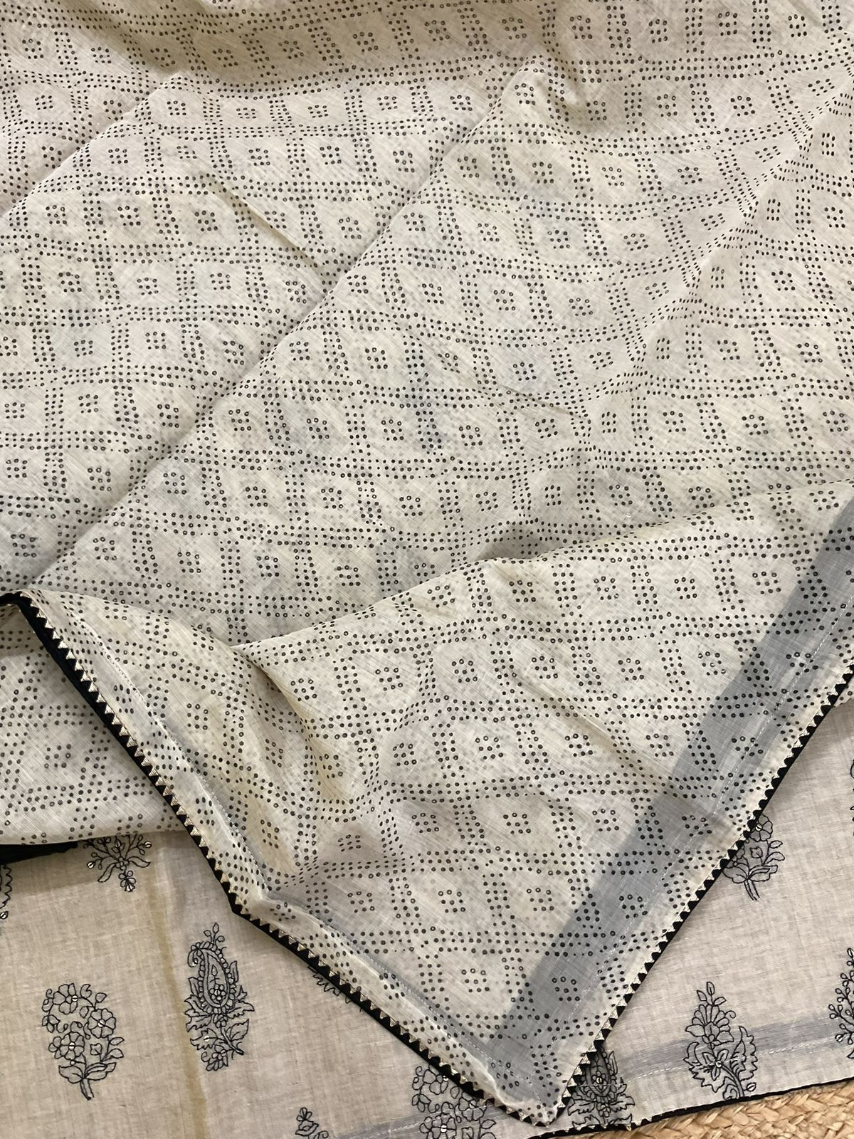 Pure Slub Chanderi Printed Embroidered Suit - Beige