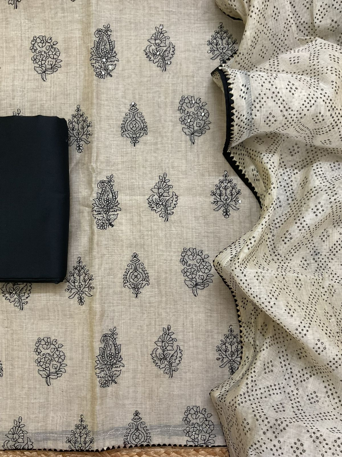 Pure Slub Chanderi Printed Embroidered Suit - Beige