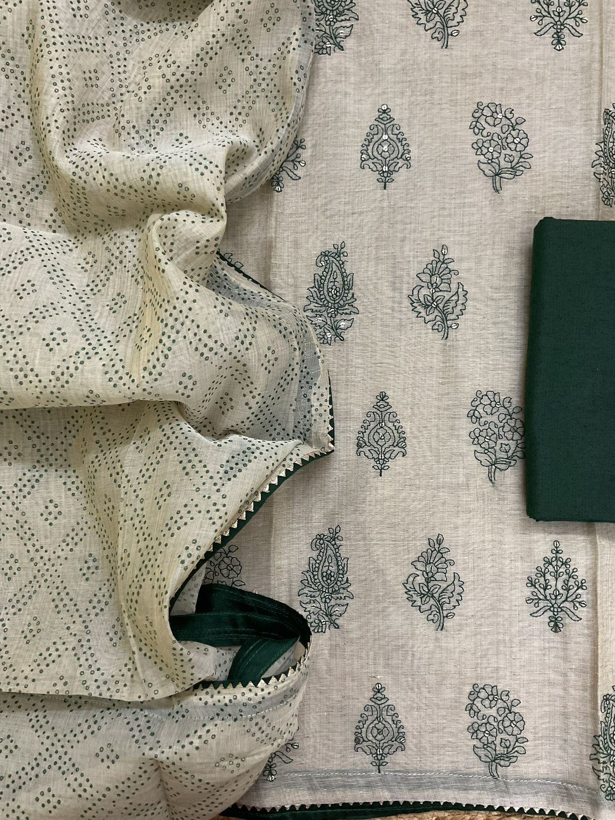 Pure Slub Chanderi Printed Embroidered Suit - Beige