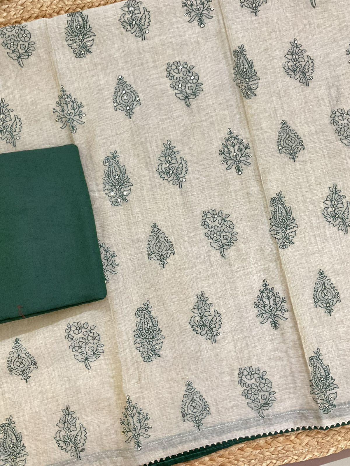 Pure Slub Chanderi Printed Embroidered Suit - Beige