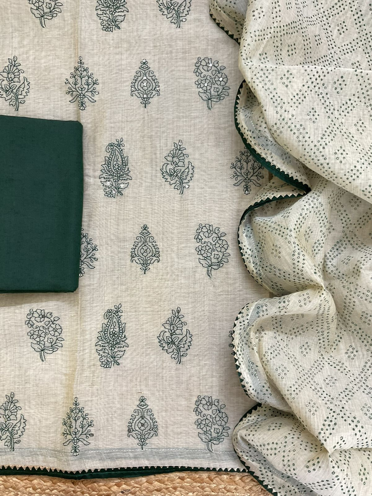 Pure Slub Chanderi Printed Embroidered Suit - Beige