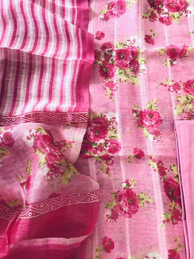 Image of Pure Tussar Silk Printed Self Weaved Suit - Pink