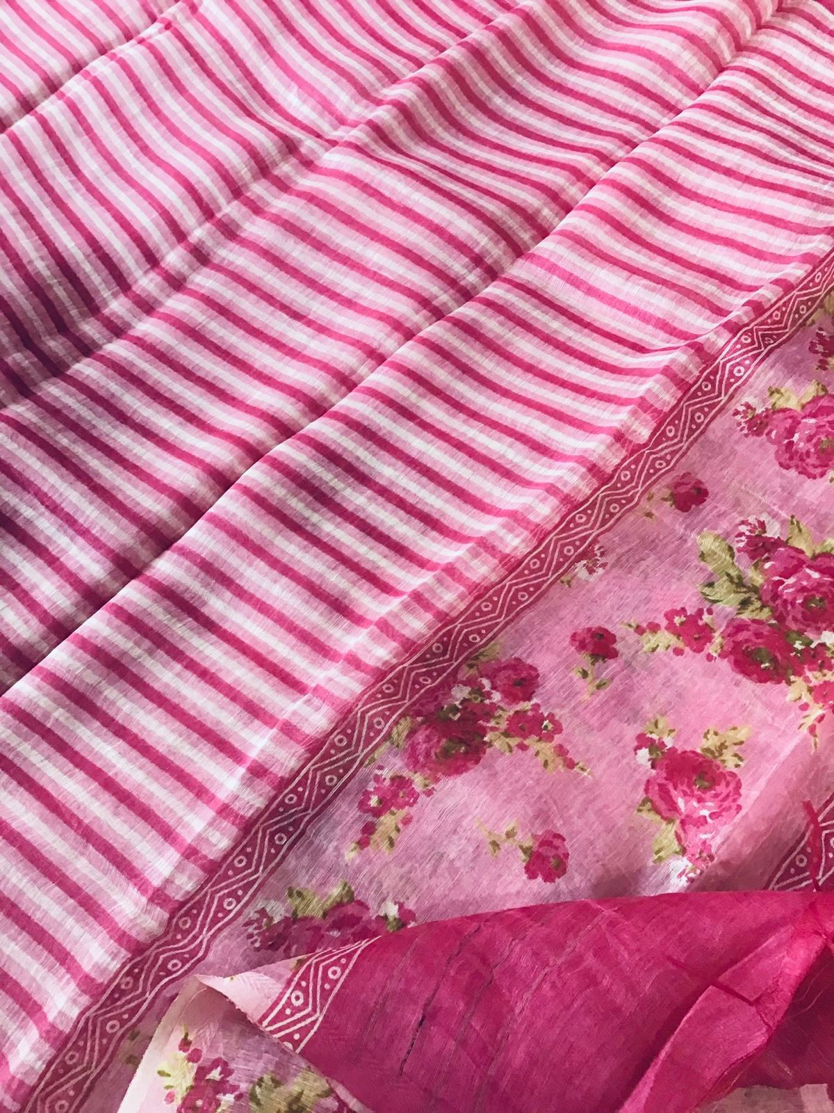 Pure Tussar Silk Printed Self Weaved Suit - Pink