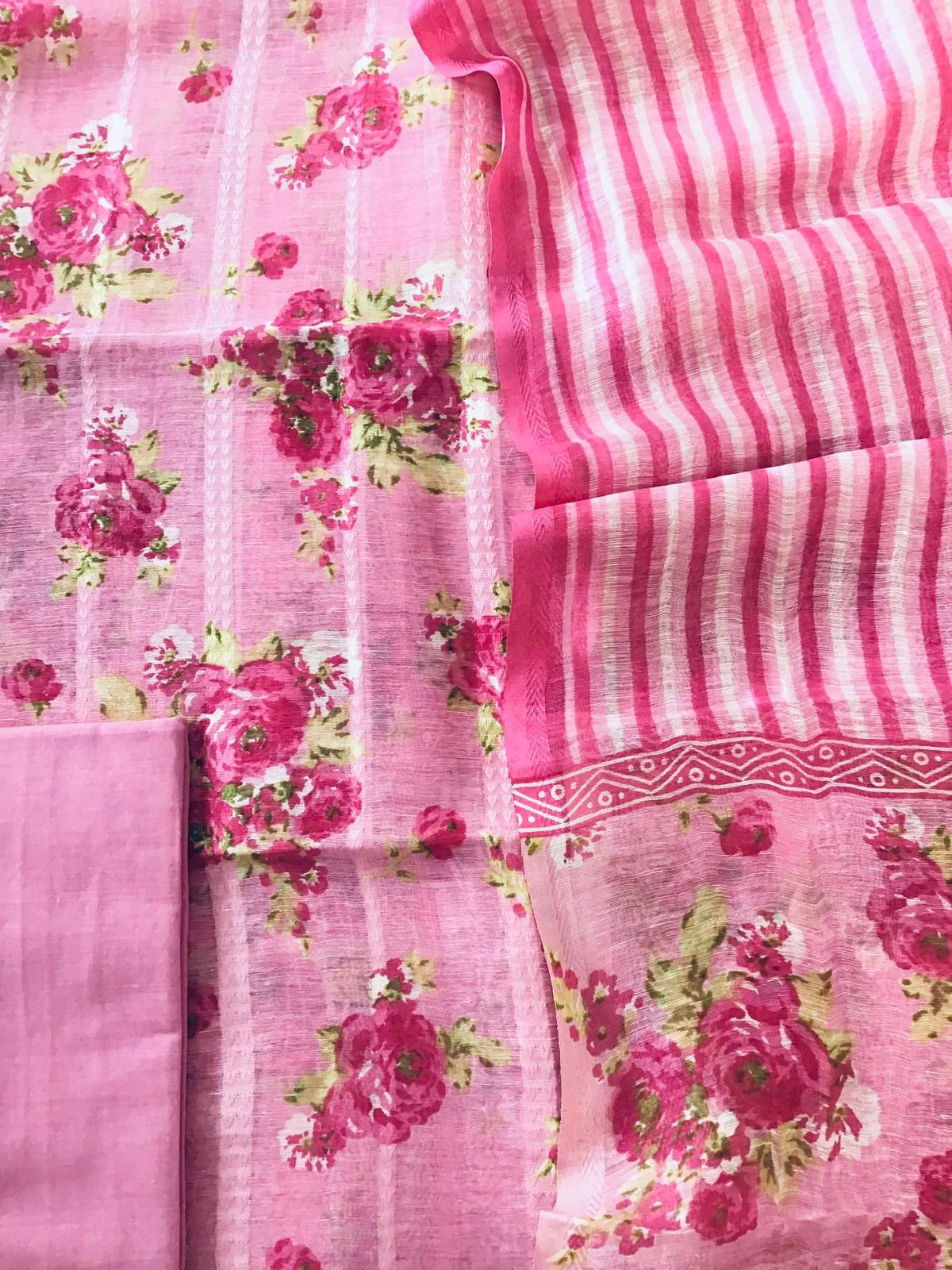 Pure Tussar Silk Printed Self Weaved Suit - Pink