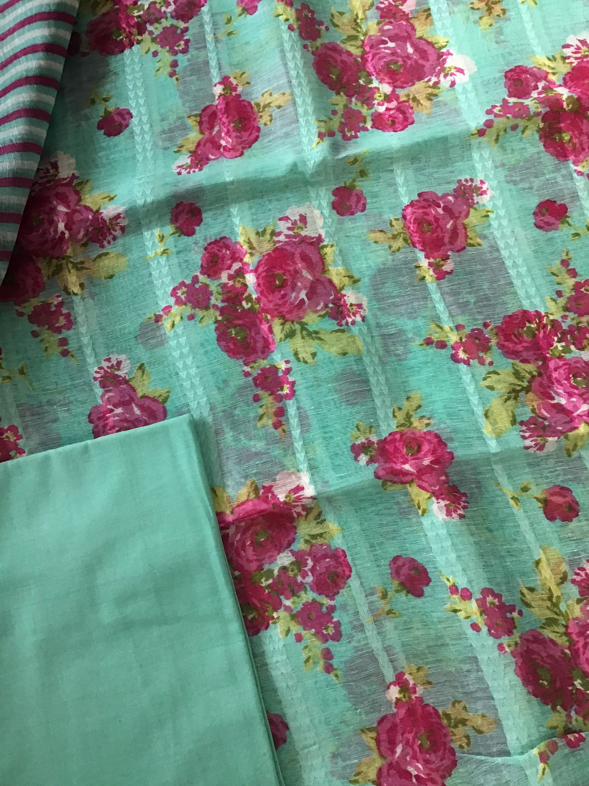 Pure Tussar Silk Printed Self Weaved Suit - Green