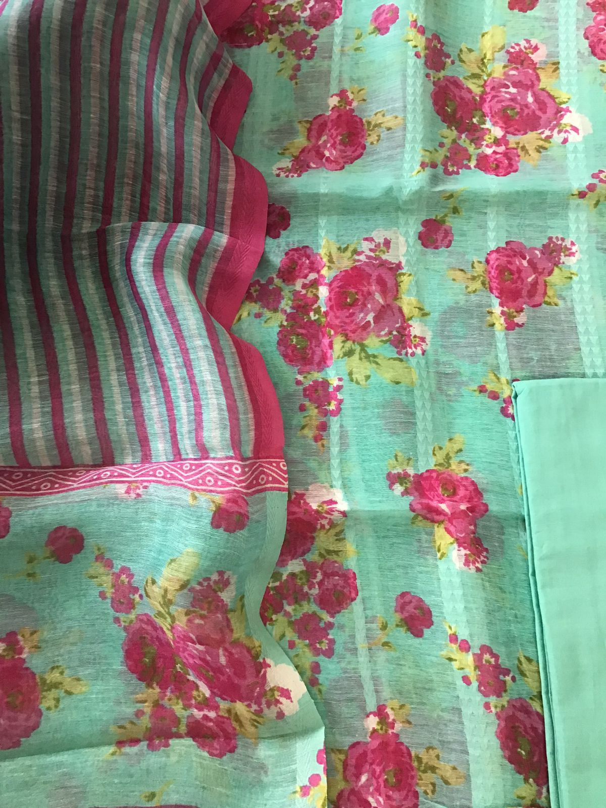 Pure Tussar Silk Printed Self Weaved Suit - Green